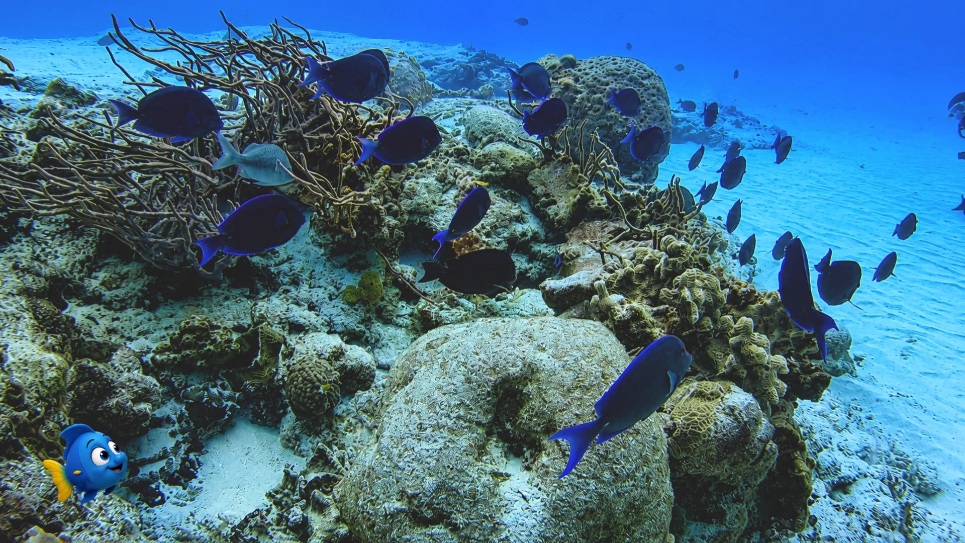 Blu watches a school of blue tangs moving together across the reef