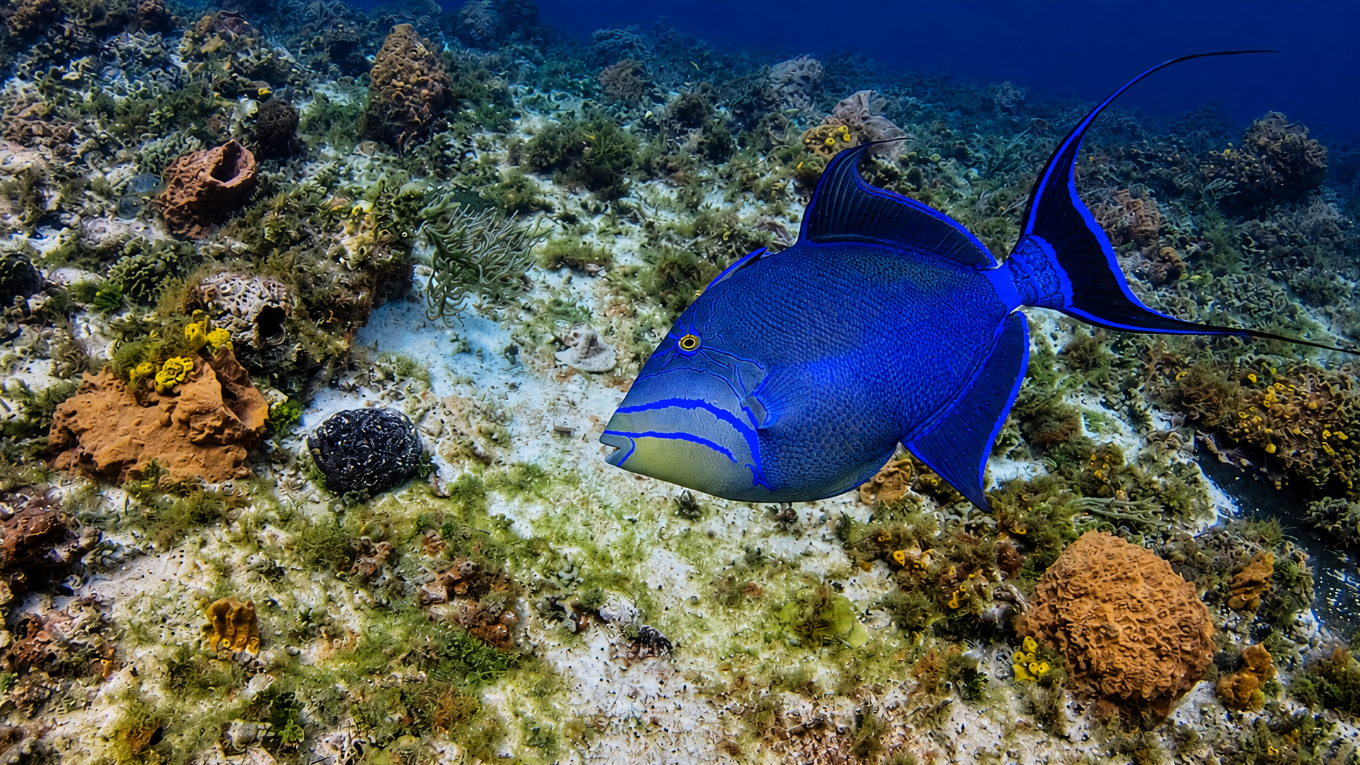Queen triggerfish swimming above the reef