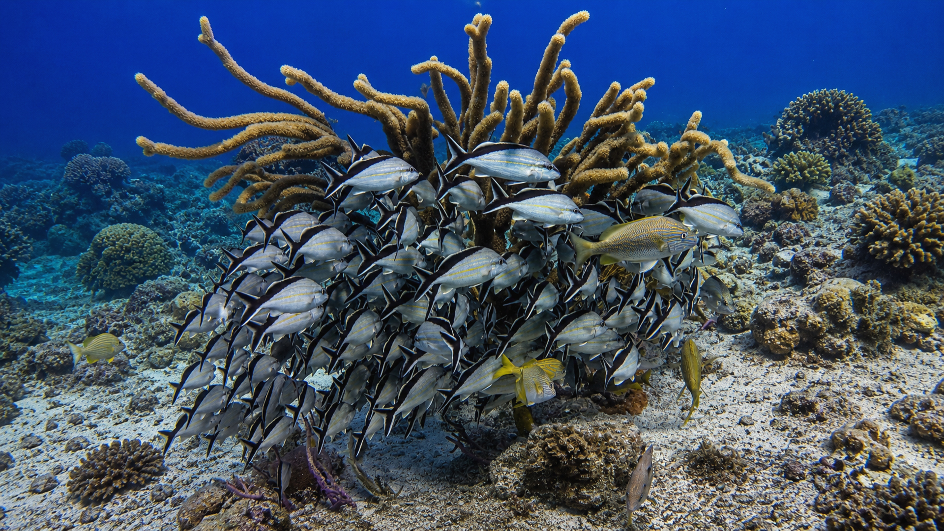 Reef fish schooling around coral branches