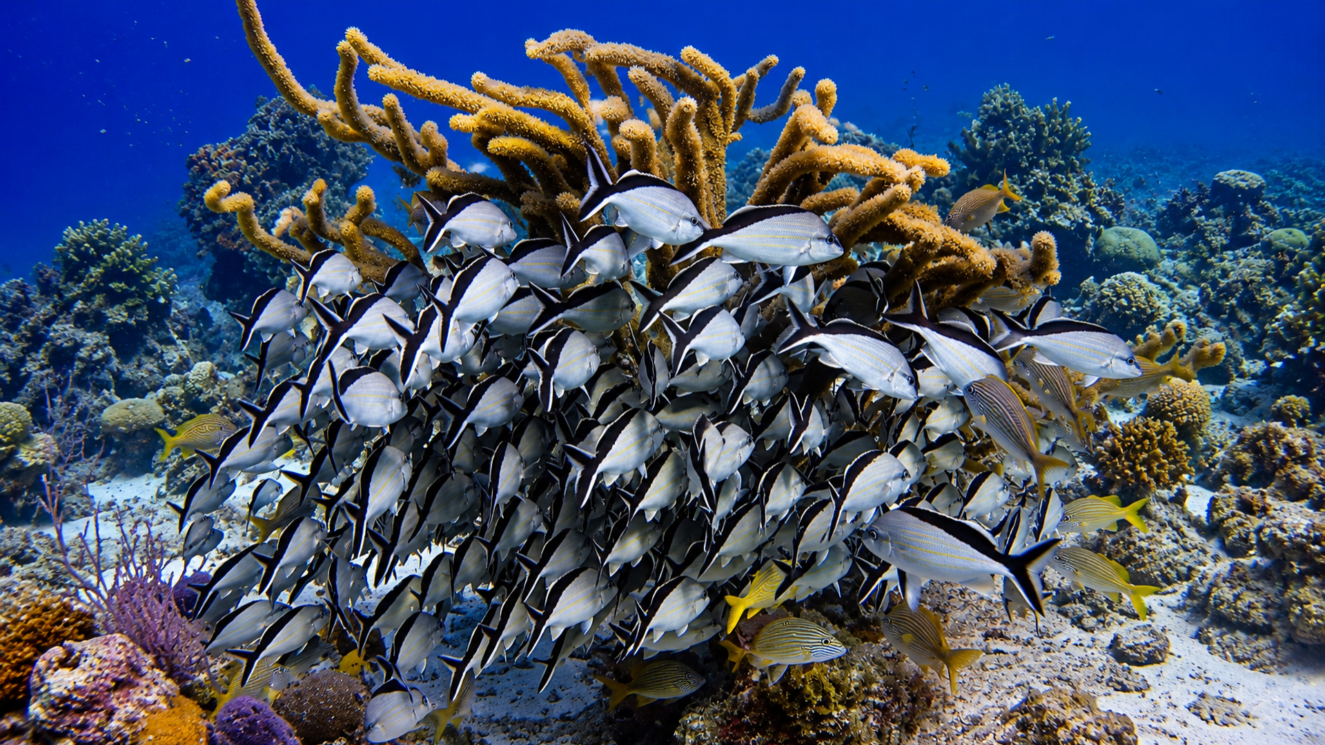 A wide school of yellowtail snapper crossing the reef
